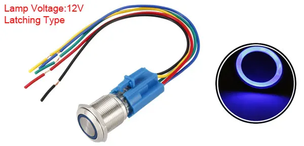 Blue Latching-12V Uxcell кнопочный переключатель мгновенного мгновенный 19mm монтажное Диаметр 1NO 1NC COM 12/24V светодиодный светильник с разъем провода - Цвет: Blue Latching-12V