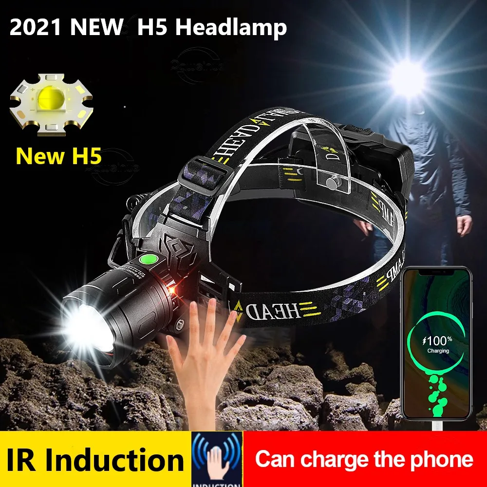 2021 Mới Nhất H5 Mạnh Led XHP90.2 Cảm Ứng Đèn LED Đèn Pha 18650 Đầu Đèn Pin Sạc USB Đầu Đèn Đèn Pin 18H