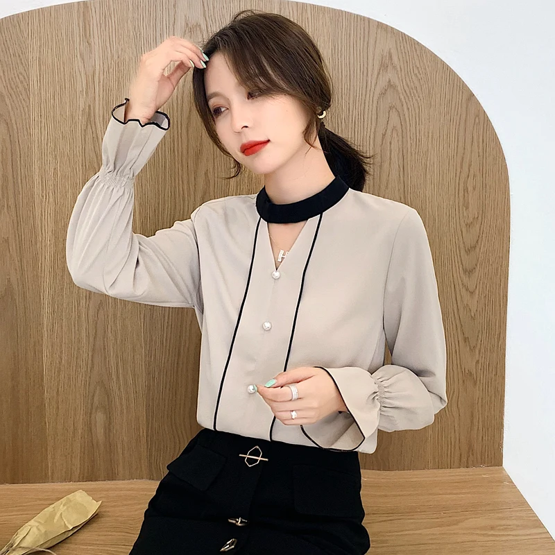 Blusas mujer de moda, осенняя Повседневная шифоновая рубашка, выдолбленные Женские топы с длинным рукавом и блузки blusas 6278 50