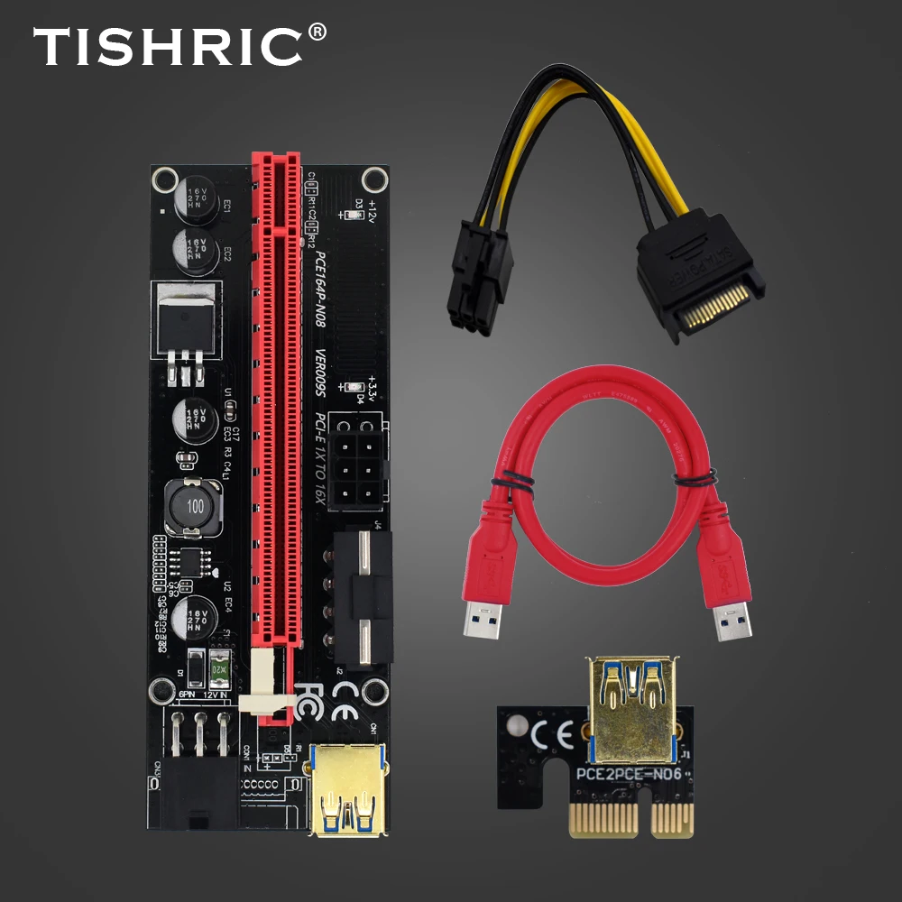 10 pçs tishric pci-e riser 009s cartão pcie pci e extensor de mineração riser para placa de vídeo usb 3.0 sata a 6pin 3 em 1 009 riser cartão