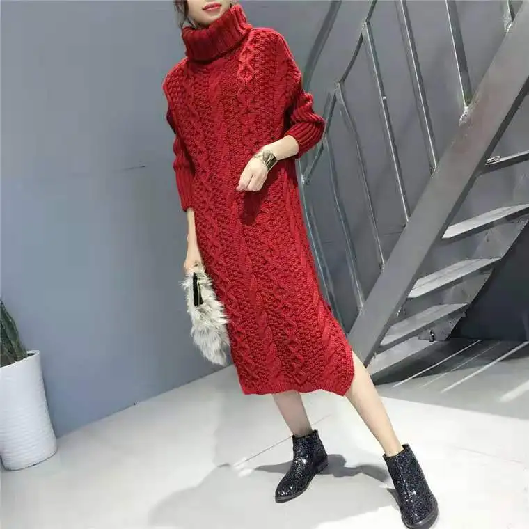 Jujube red Осенне-зимнее длинное платье-свитер с высоким воротником, повседневное плотное и теплое женское трикотажное платье бежевого, красного, синего, верблюжьего цвета - Цвет: Jujube red
