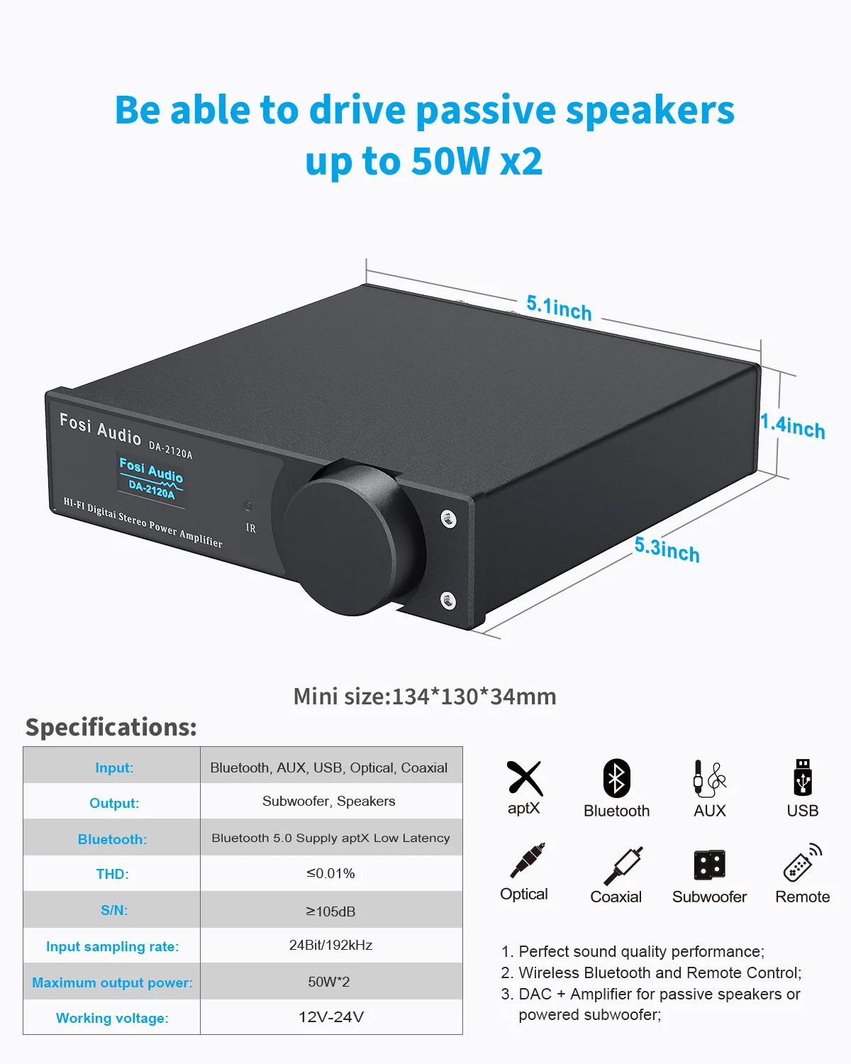 Fosi Audio DA2120A Bluetooth Amplifier Stereo Audio Wireless DAC Amp Hifi Class D Power Amp 50W x2 Speakers & Active Subwoofer