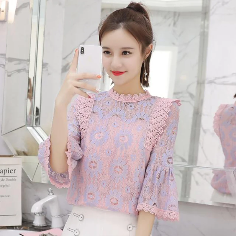 

Women's Spring Summer Style Lace Blouse Shirt Women's Embroidery Hollow Out Temperament Elegant Slim Tops DD8361