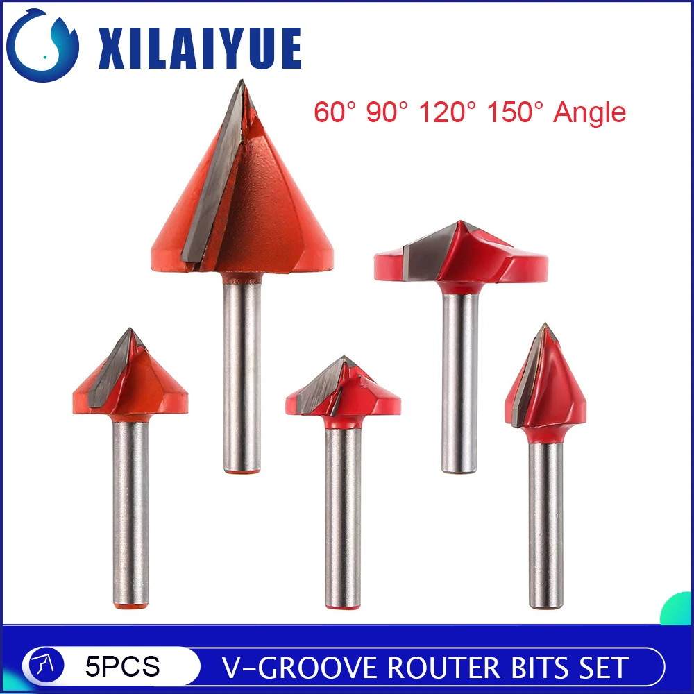 

5PCS V-Groove Router Bits Set, 60° 90° 120° 150° Angle, 6mm Shank, 3D V Shape Milling Wood Cutter Knife CNC Engraving Router Bit