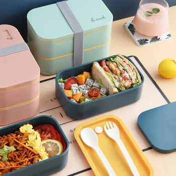 

Rectangle Double Layers Bento Box PP Plastic Leakproof Microwavable Lunch Box with Spoon Fork Food Meal Containers Storage