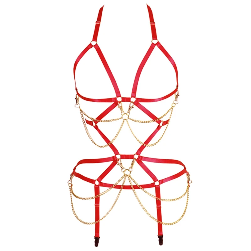 MLCN0028RED Комплект с бюстгальтером на бретельках, полный бандаж, с вырезами, металлическая цепочка, крест-клетка, бюстгальтер, без бретелей, регулируемое белье, фетиш, готика размера плюс - Цвет: MLCN0028RED