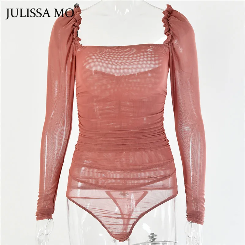  JULISSA MO Black Double Layer Mesh Sexy Bodysuit Women Tops Autumn New Long Sleeve Mid Waist Bodysu
