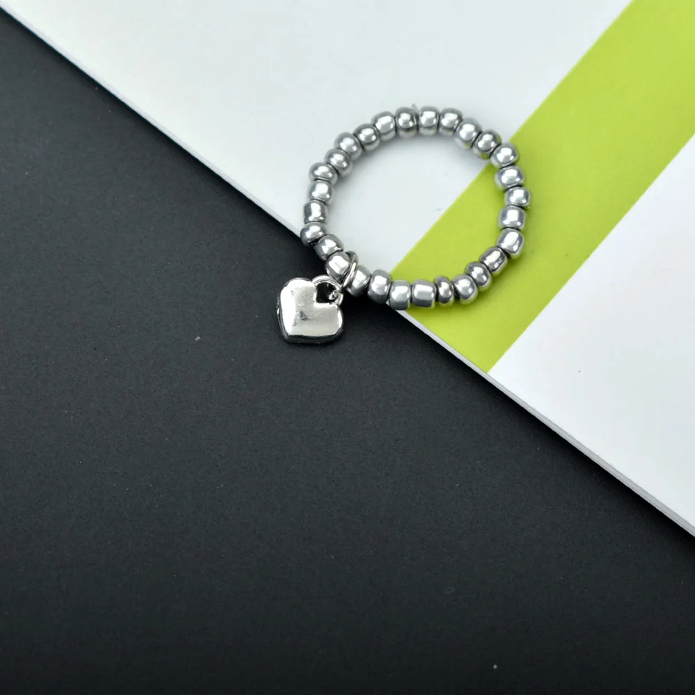 Silver Color Adjustable Rings For Women Resin Bead Geometric Round Heart Elastic Ring Simple Jewelry Bague Femme silver ring adjustable rings