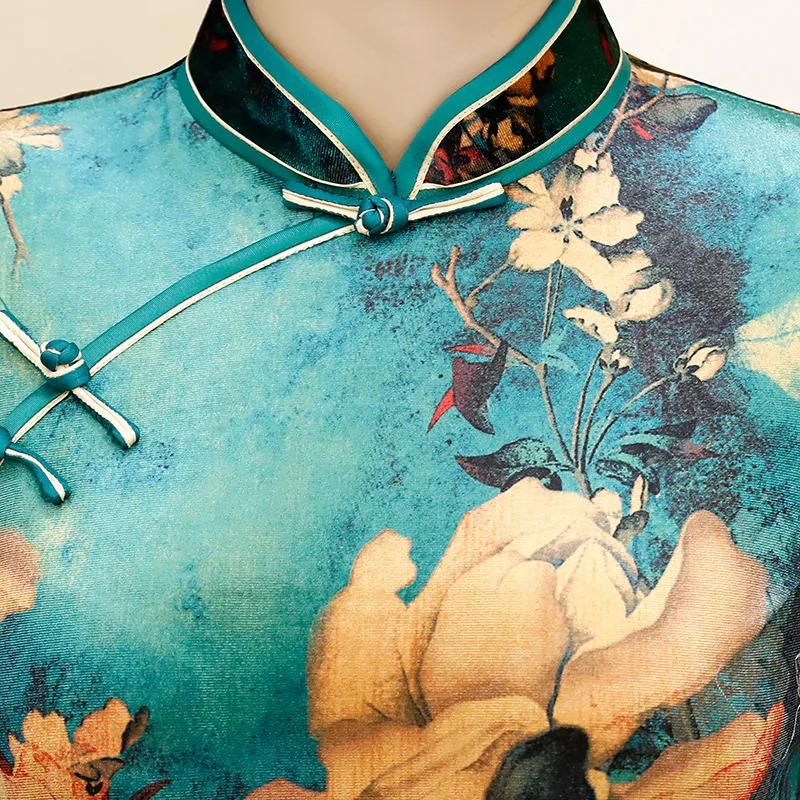 В китайском стиле с принтом бархат Qipao женские элегантные длинные платья Тонкий Cheongsam Винтаж воротник стойка Vestidos Размер M-4XL
