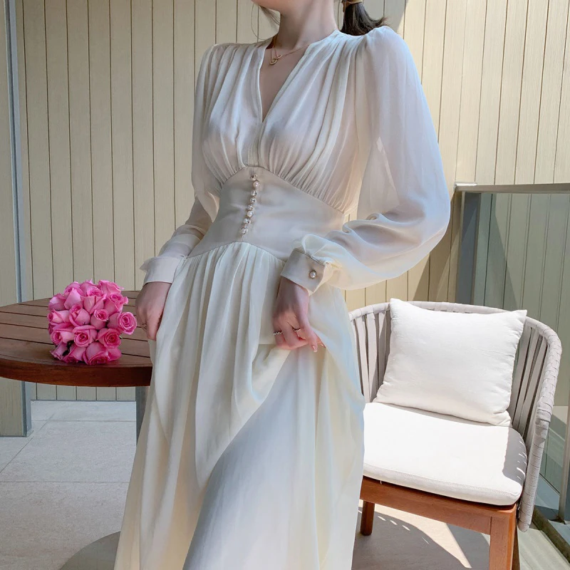 

Pearls Buttons Spring Summer Dress Women V-Neck Lantern Sleeve Chiffon Dress A-line Long Midi Dress High Waist White Korean B363
