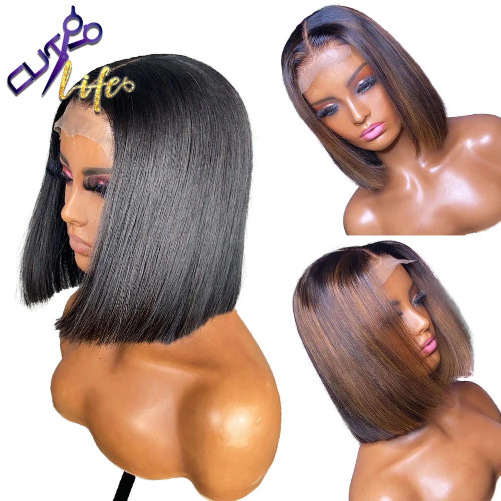 Short Bob Wig 13X4 Lace Frontal Wig Straight Highlight PrePlucked Remy
