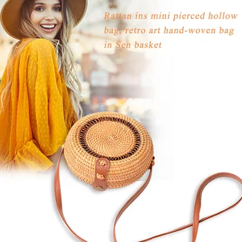 

Mini Beach Shoulder Bag Woven Handmade Rattan Women Round Straw Messenger Bags for Outdoor Shopping Traveling Ornaments