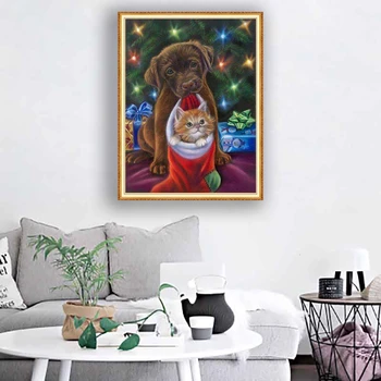 

Cat Dog Christmas Socks Christmas Tree Harmony Warm Full Display Square/Round Cartoon Diamond Embroidery 5D Diamond Painting