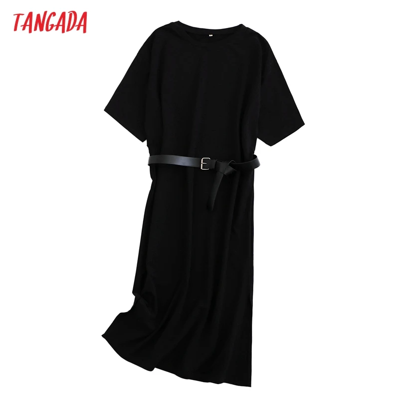 Tangada 2021 Women Elegant 95% Cotton Sweatshirt Dress Oversized Short Sleeve Side Open Ladies Midi Dress 6L60