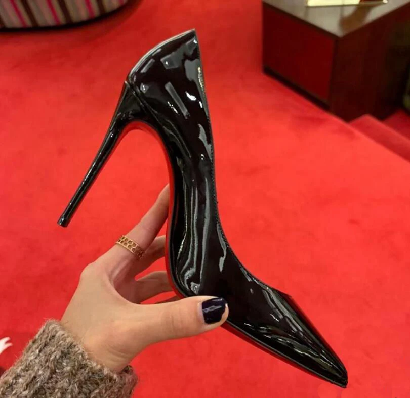 Zapatos de tacón alto de charol para mujer, zapatillas clásicas de suela roja de 12cm con punta puntiaguda, súper fino, para verano, 2020