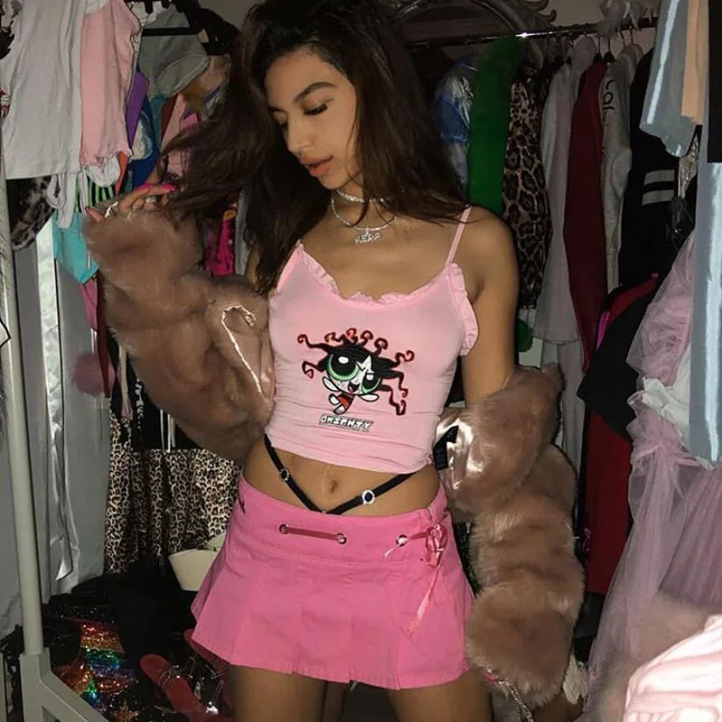New Embroidery Pink Camis Tops Women Summer Sexy Streetwear Cartoon Powerpuff Print Cropped Cute Sleeveless Ruffle Vest 2020