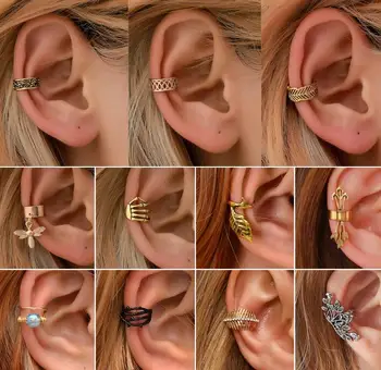 

Vintage Ear Cuff Earrings For Women Fake Piercing Bee Leaves Skeleton Hands Funny Ear Jewelry Punk Clip On Earrings Gifts