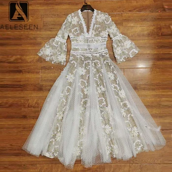 

AELESEEN Ruwnay Fashion White Dress 2020 High Quality Elegant Flare Sleeve V-Neck 3D Appliques Flower Embroidery Party Dress