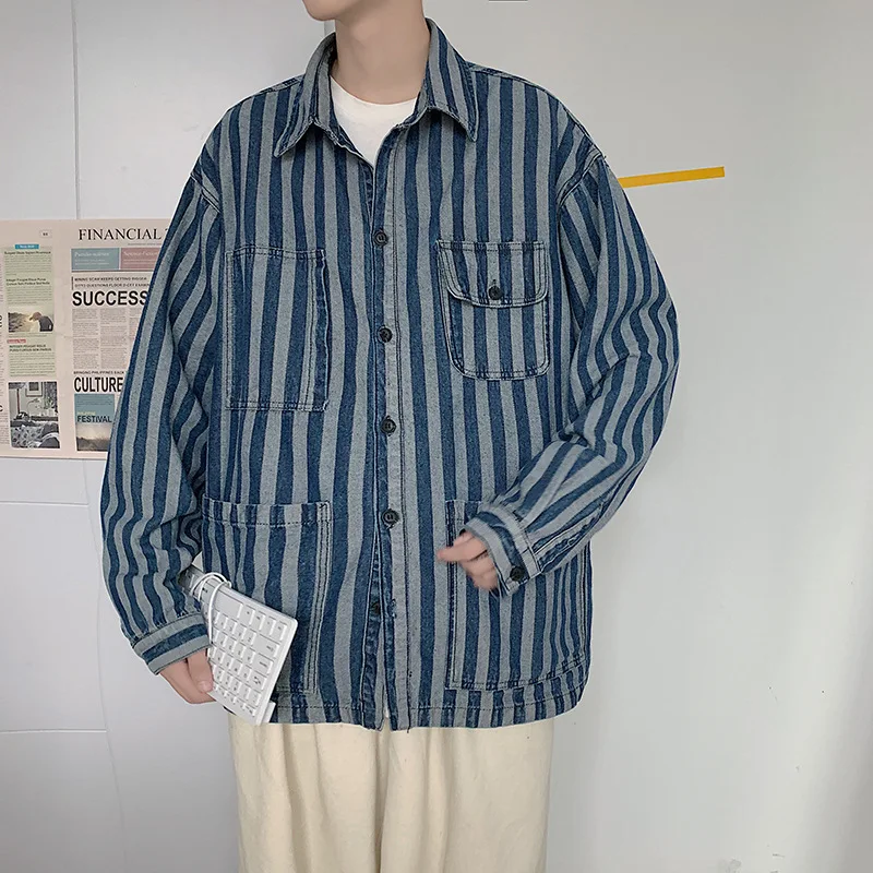 Striped multi-pocket denim shirt jacket 2021 spring and autumn men's tooling all-match loose collar jacket Mens Jean Coat