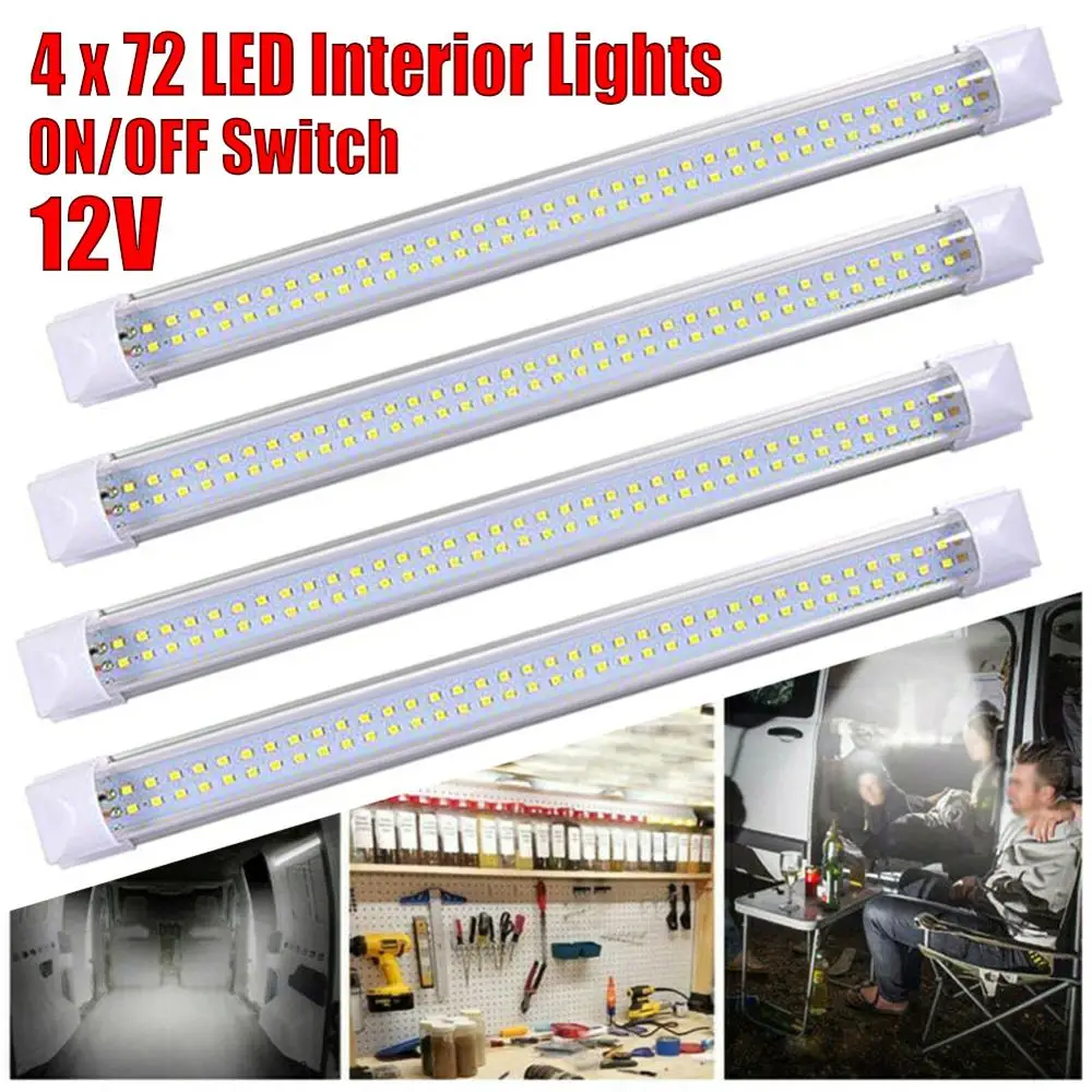 

4x Car Interior Light 12V 72LED 6500K White Bar Lights ON/OFF Switch for Car Vehicle Vans Caravan Truck Dome Roof Ceiling Light