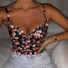 Macheda Летняя мода принт сексуальный v-образный вырез без рукавов Кружева Слинг лето сексуальный v-образный вырез Универсальный праздник небольшой слинг короткий топ