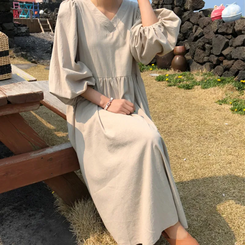 SHENGPALAE, новинка, весна-лето, v-образный вырез, свободное, повседневное, модное, Vestidos, фонарь, рукав, корейское, женское платье FQ0861