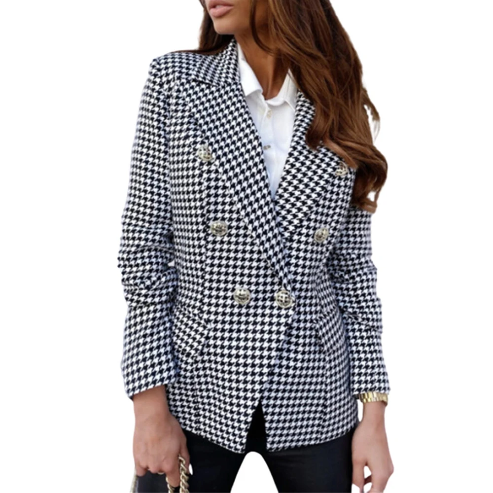 

hunter-wish Plaid Blazer Women Slim Work OL Jacket Long Sleeve Plain Outwear Suit Coat Office Lady