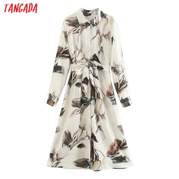 

Tangada women elegant chiffon dress printed turn down collar long sleeve 2020 korean fashion office lady midi dresses XN278
