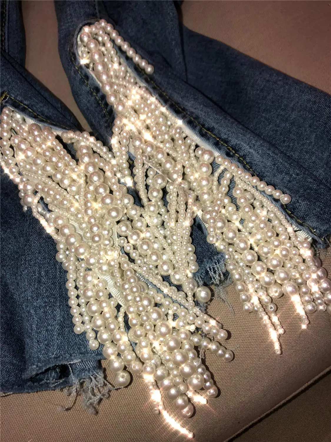 2019 модные хлопковые расклешенные джинсовые брюки с бусинами женские облегающие