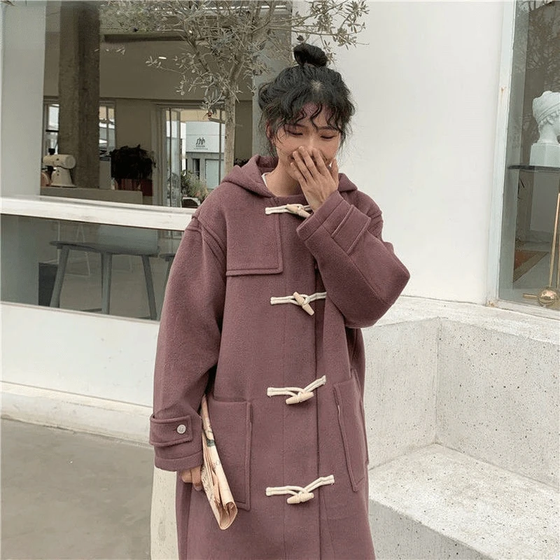 Women Wool Blends Korean Style Horn Button Elegant Hooded Preppy Girls Loose Autumn Winter Warm Cute Kawaii Casual Jacket best winter coats for women