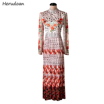 

Herudoan Holiday Vintage Party Pleated Long Dress Women's Stand Collar Dot Flower Printed Fashion Designer A Line Dress Vestidos