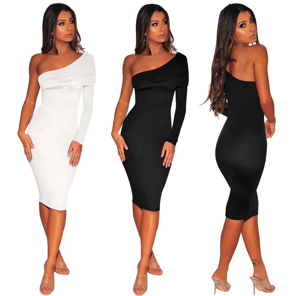 

Summer Sexy One Shoulder Dresses Slim Party Women Bodycon Evening White Dress Robe Pencil Package Hip Dress Vestidos