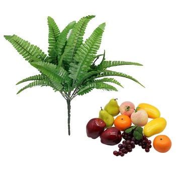 

2 Pcs Artificial Fern Grass Plastic Plant Home Table Arrangement Decor & 12 Pcs Lifelike Realistic Artificial Fake Fruit