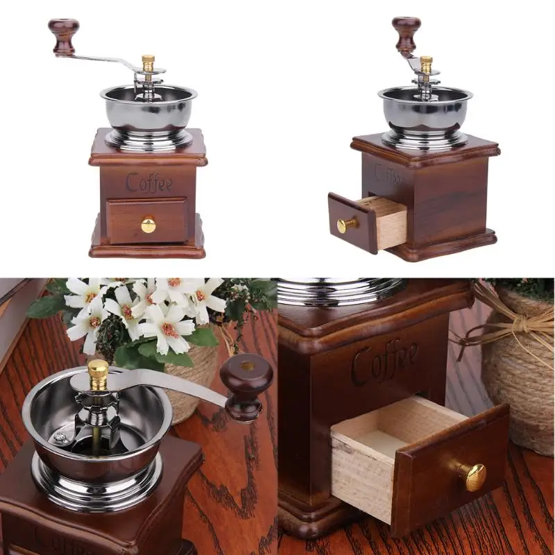 

Classical Manual Coffee Grinder Wooden Coffee Maker Retro Hand Cranked Ceramic Mill Spices Corn Coffee Bean Grinding Machine
