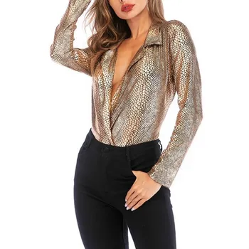 

Women Skinny Long Sleeve Bodysuits Sexy Deep V Neck Streetwear Jumpsuits Snake Skin Print Playsuits