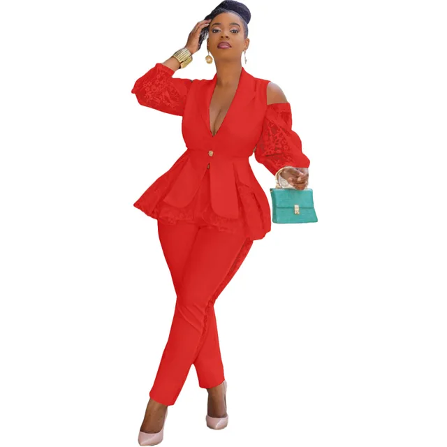 2021 Women Suits Office Sets V Neck Patchwork Cold Shoulder Lace Sleeves Blazer Long Pant Suit Casual Office Outfit Women Set 4