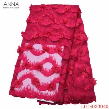 

Anna red french tulle lace fabric high quality embroidered with beads 5 yards/piece african 3d applique laces fabrics for sewing