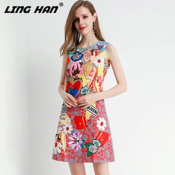 

LINGHAN Fashion character Print Diamonds Mini Dress Woman Elegant party O-Neck Slim tank Dresses Designer Spring New
