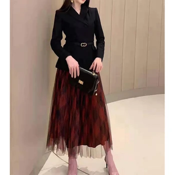 

Cosmicchic 2019 Women Autumn Blazer Skirt 2 Piece Set Long Sleeve Wool Belt Jacket Red Plaid Mesh Skirt Pleated Midi Skirts Suit