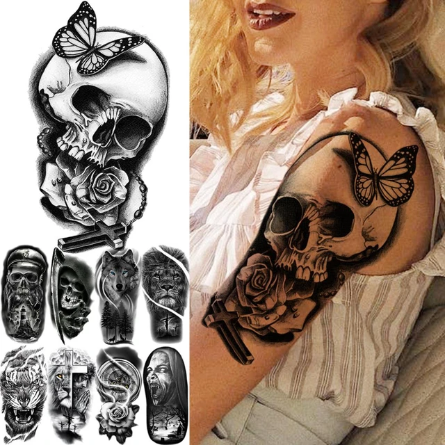 Preto vampiro borboleta tatuagens temporárias para mulheres adulto rosa  flor crânio tigre leão falso tatuagem sexy à prova dwaterproof água tatoo  adesivo - AliExpress