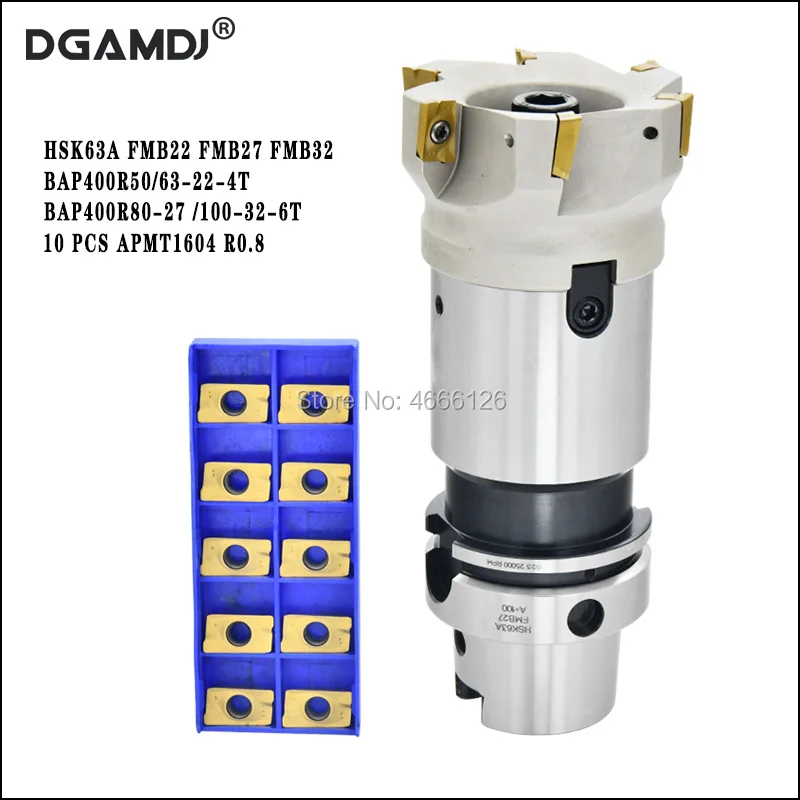

Kit HSK63A FMB 22 27 32 Five-Axis Machine CNC Tool Holder BAP400R50 63 80 100 4T 6T Milling Cutter Head 10pcs APMT1604 Insert
