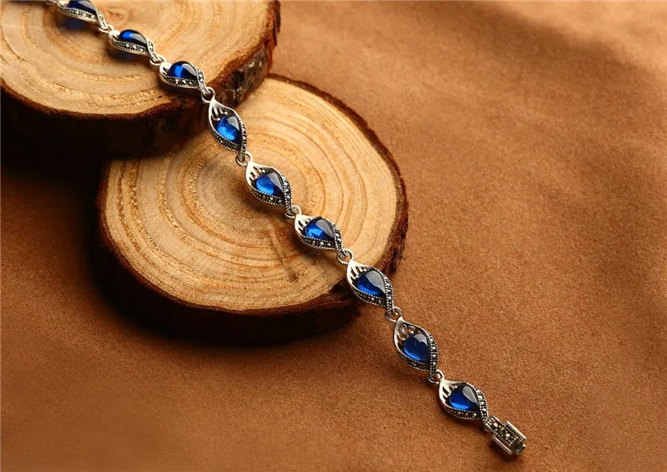 Новинка, Серебро s925, красный корундовый браслет для женщин, винтажный тайский серебряный синий корунд, гранатовый браслет, женский серебряный браслет