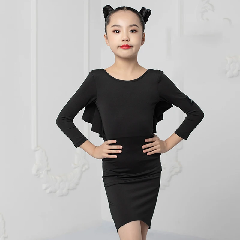 

New Latin Dance Dress Long Sleeve Ruffled Black Dresses Girls Latin Performance Clothes Rumba Samba Practice Dance Wear DNV14483