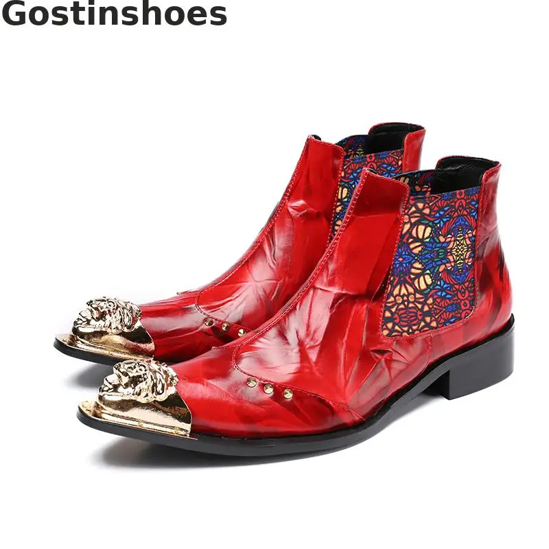 

Fashion Cowhide Men Boots Red Genuine Leather Slip-on Ankle Boots Wing Tip Metal Capped Toe Casual Short Boots For Autumn Winter