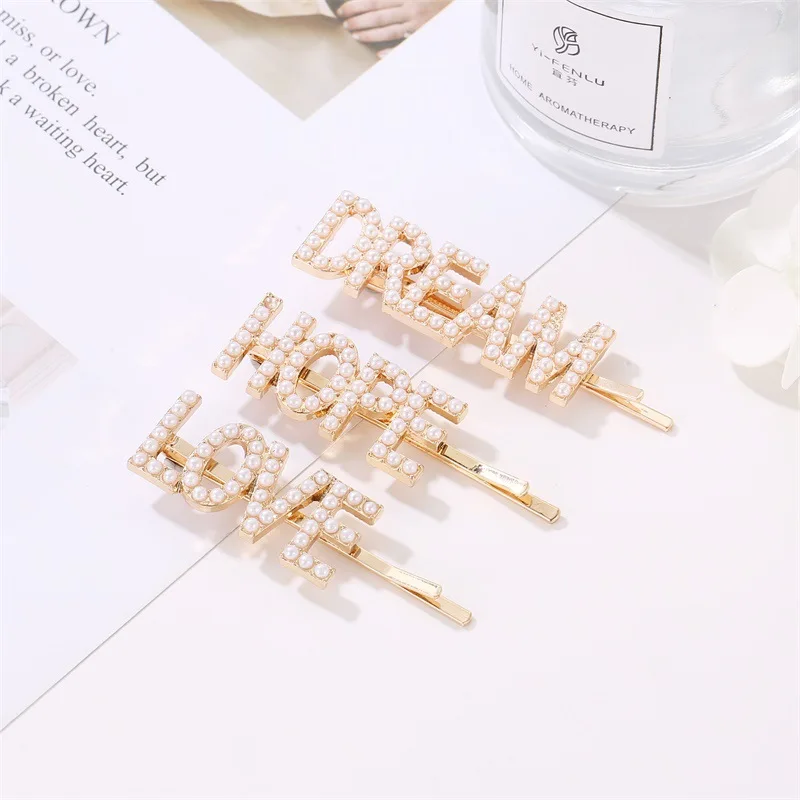 Korean Version Alloy Letter Pearl Crystal Hairpin For Women Young Girl Fresh Fashion Temperament Simple Metal Jewelry Wholesale |