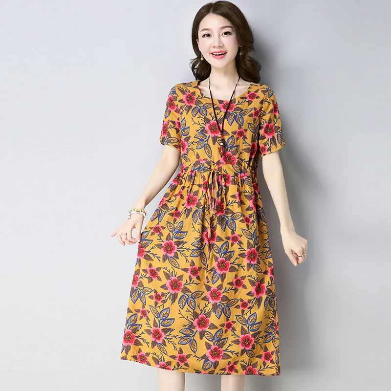 

2018 Summer Wear New Style Ethnic-Style WOMEN'S Dress Loose-Fit Printed Waist Hugging Mid-length Cotton Linen Short Sleeve Big H