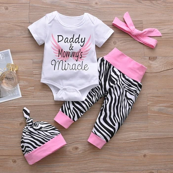 

Newborn Baby Girls Clothes Daddy & Monmy's Miracle Bodysuit+ Zebra Pants+Hat +Headband 4PCS Sets Infant Bebe Girls Outfit