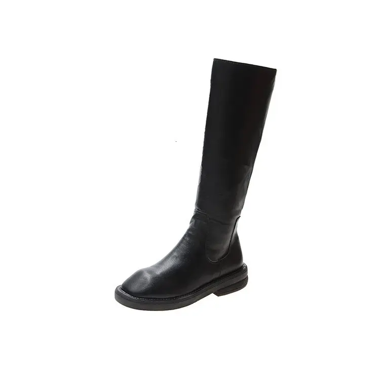 Knee High Boots Women Winter Round Toe Shoes Ladies Black White Leather Zip Korean Fashion British Style Woman Motorcycle Boots
