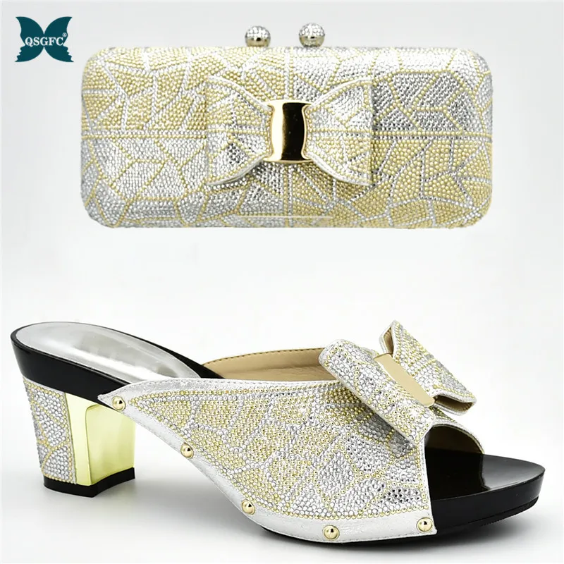 

New Arrival Silver Color Italian design Shoe with Bag Set Decorated with Rhinestone African Women Shoes and Bag Set for Party