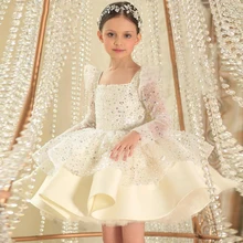 

Ivory Flower Girl Dress Long Sleeves Puff Glitter Little Girl Pageant Party Gowns Back Big Bow First Communion Dresses